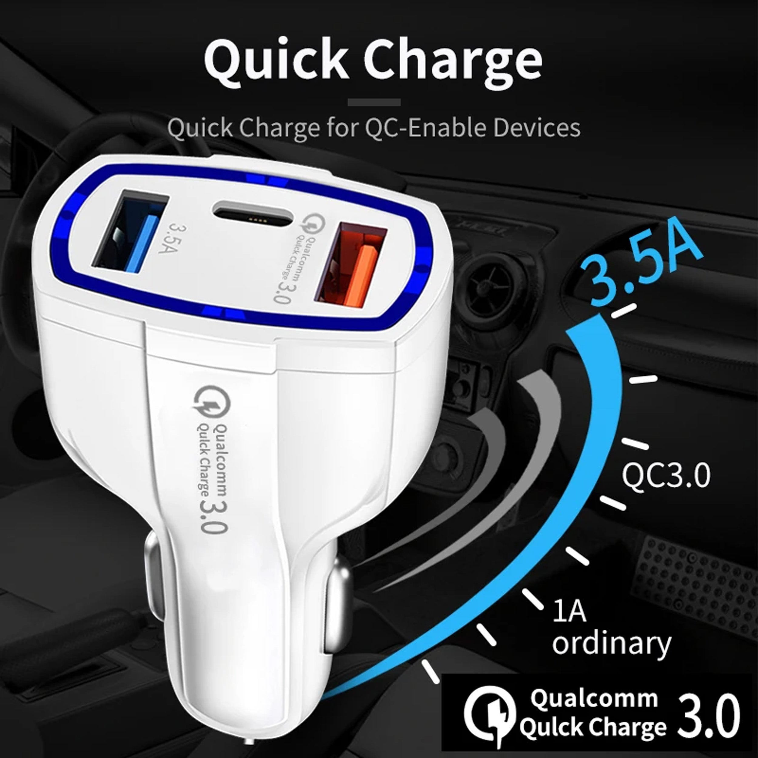 3-Port USB Fast Car Charger Adapter Type C Port for Android